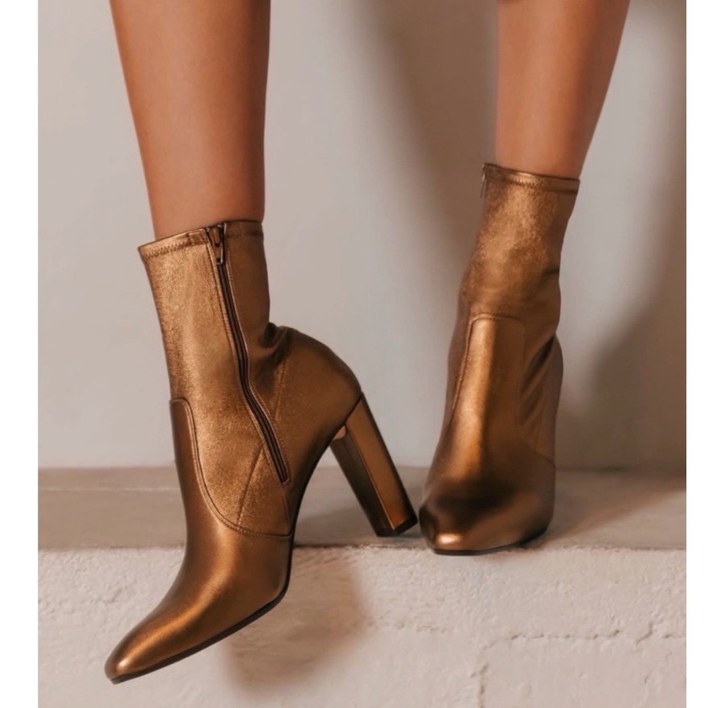 NWOB Inez Paz 90 Boots Size 9 Bronze Metallic Leather Block Heel Zip Comfortable
